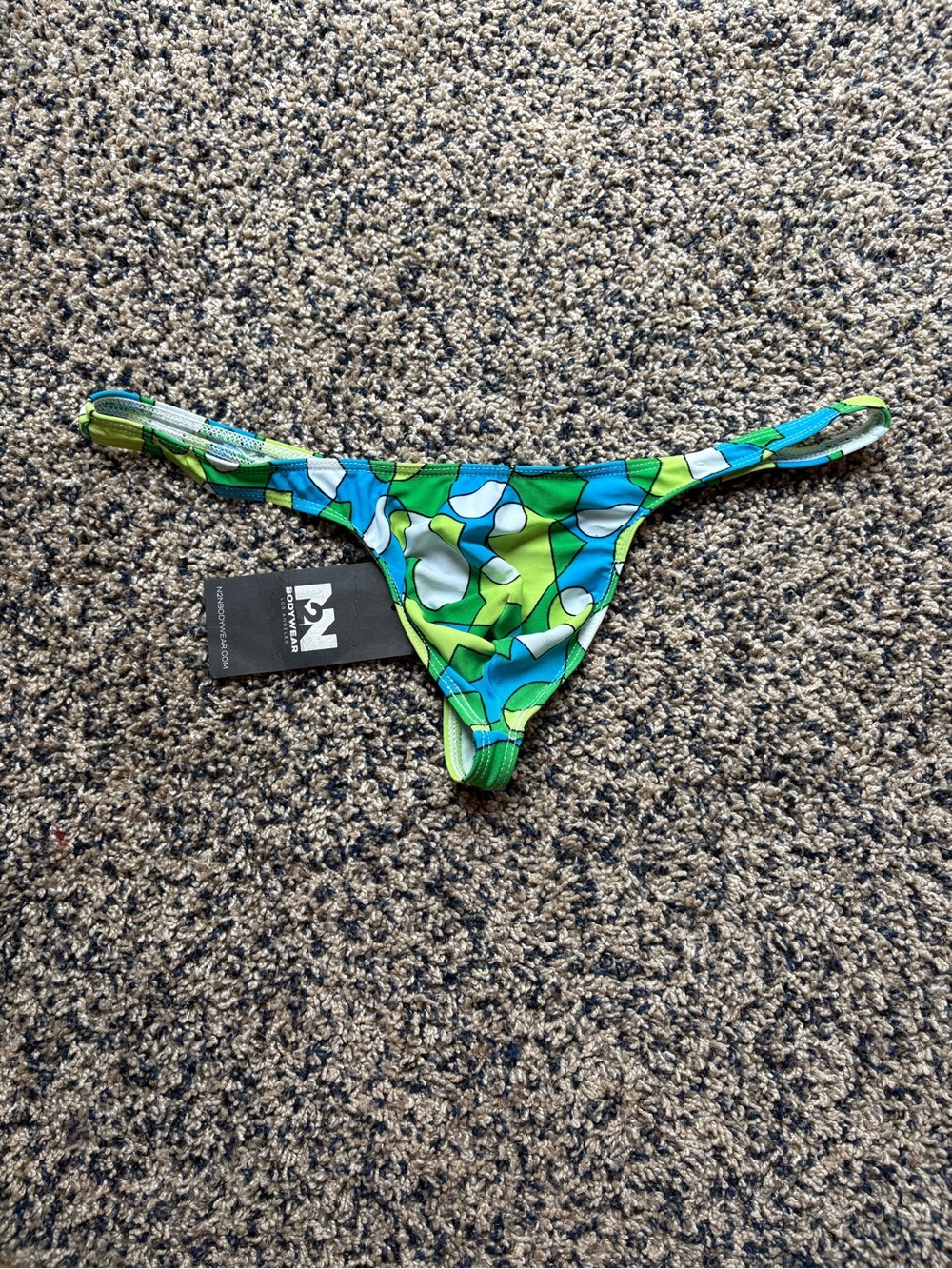 N2N Bodywear "Heart On" Thong – Blue/Green Print (Size Medium) NWT